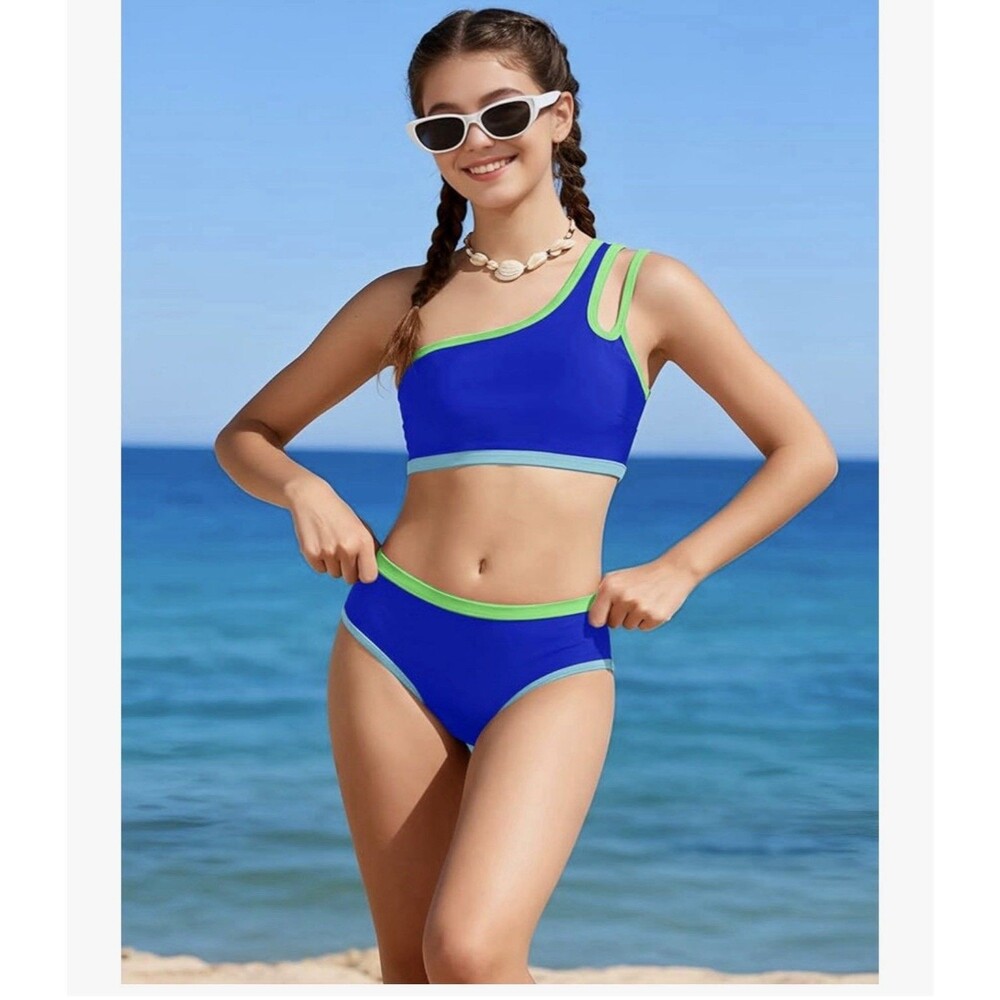 Girls Swimsuit Two Piece One Shoulder Bathing Suit blue color block size 15-16y